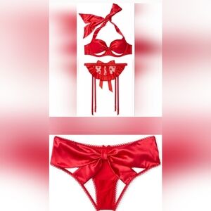 XS/S VS Halter Satin Bra Heart Satin Lace Garter Belt Satin Bow Panty Set Red